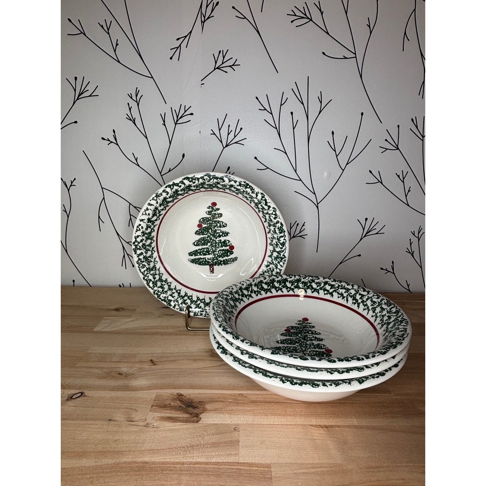 Furio Christmas Tree Pasta Bowls Set of 4 Made in Italy Holiday Sponged Ceramic